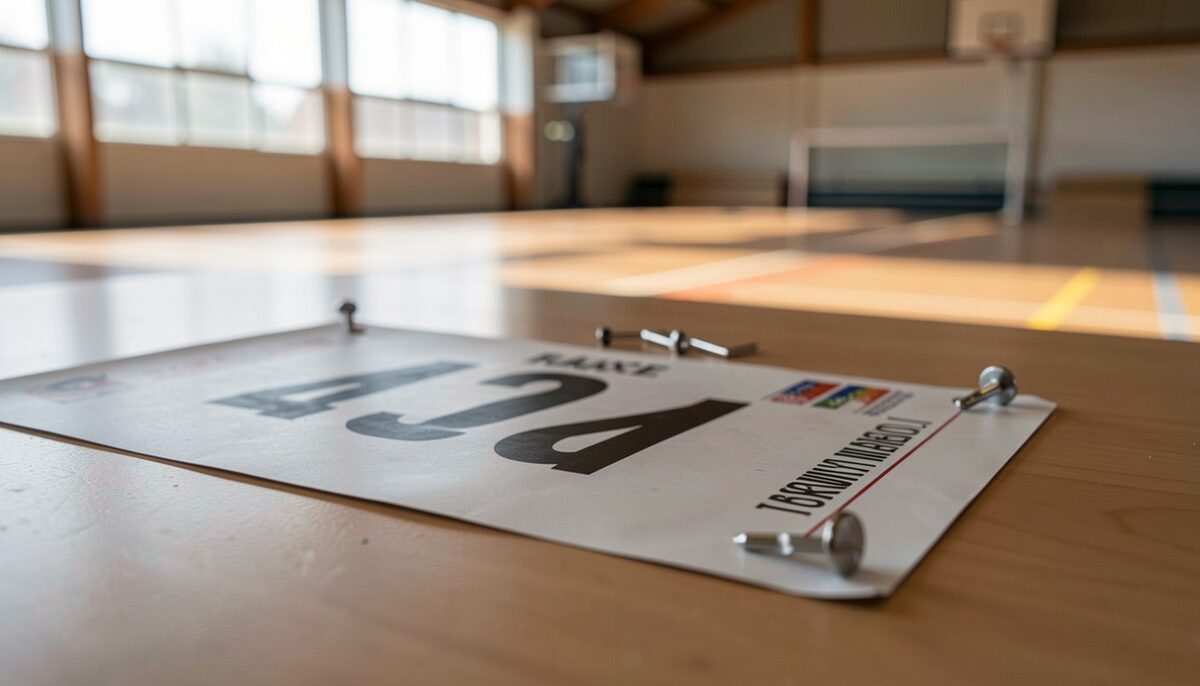 Race number bib on a wooden table with safety pins beside it in a sports hall