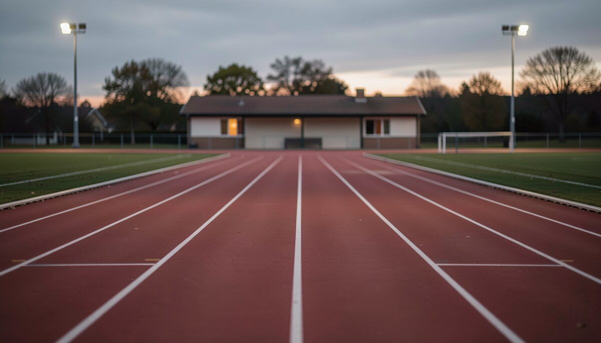 Empty community athletics track at dusk, white lane lines leading to a low clubhouse under floodlights