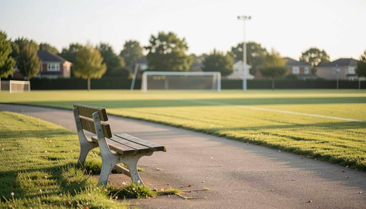 Footpath beside a suburban playing field with an empty wooden bench and open grass in morning light