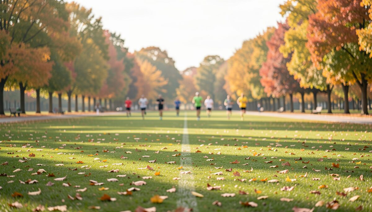 Wide playing field on an autumn morning, a white line across the grass and runners far away under the trees