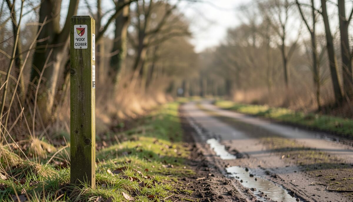 Wooden trail marker post beside woodland, a muddy park path stretching ahead in early light