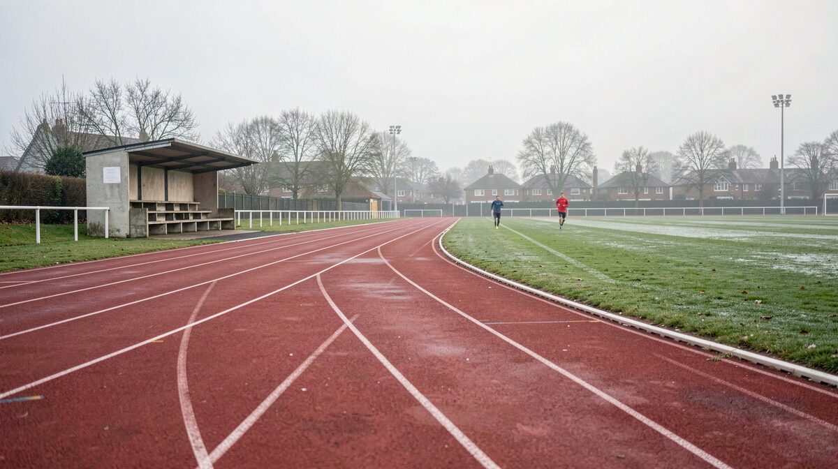 Red all-weather running track curving past a small concrete shelter, two runners on the far side of the infield on a misty morning