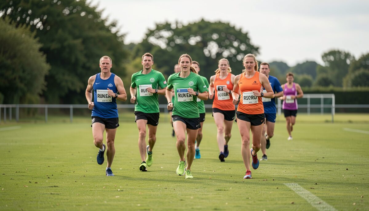 Group of adult runners in club vests running across a grass playing field towards the camera