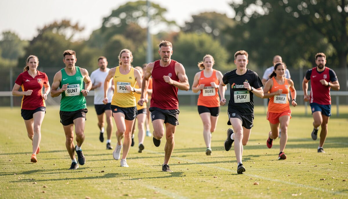 Runners of different ages in club vests and race numbers crossing a grass field in morning light