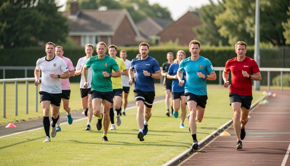 Line of runners in bright shirts along a path beside a playing field and a low hedge