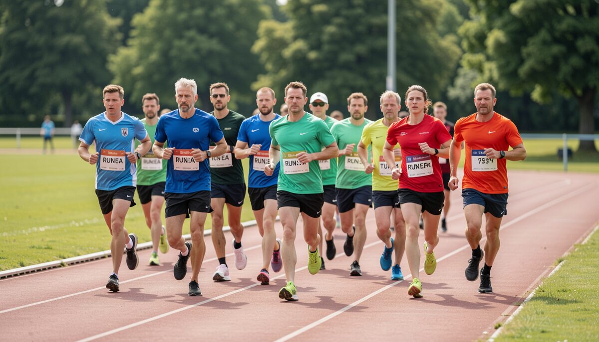 Group of runners wearing race numbers on a red track with a park and goalposts behind