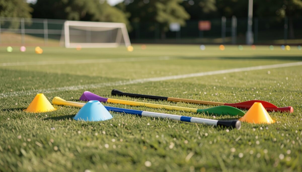 Small coloured cones and foam javelins laid out on a grass field before a junior training session