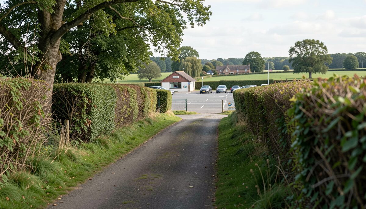 Country lane between hedgerows leading down to a village hall car park set up for a race