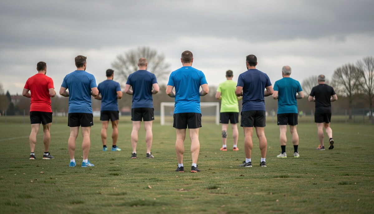 Group of adult runners seen from behind, warming up on a grass field under a grey sky