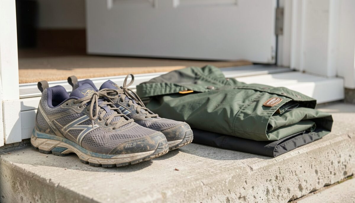 Pair of well-worn running shoes on a doorstep beside a folded dark rain jacket