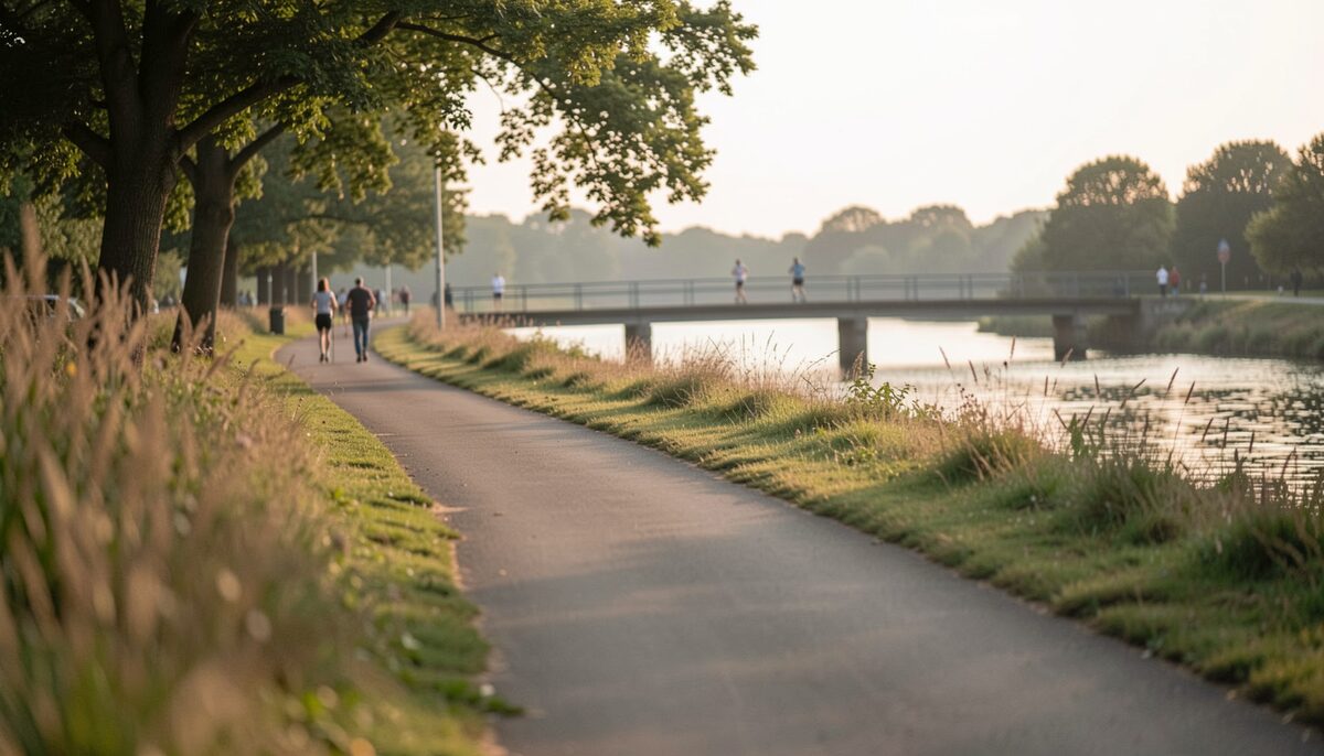 Riverside towpath in evening light with a small group of runners crossing a distant bridge