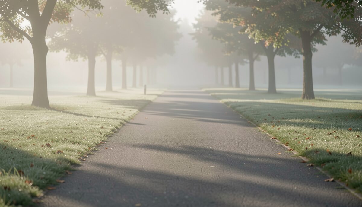 Tarmac path through a park at dawn, mist between the trees and dew on the grass verges