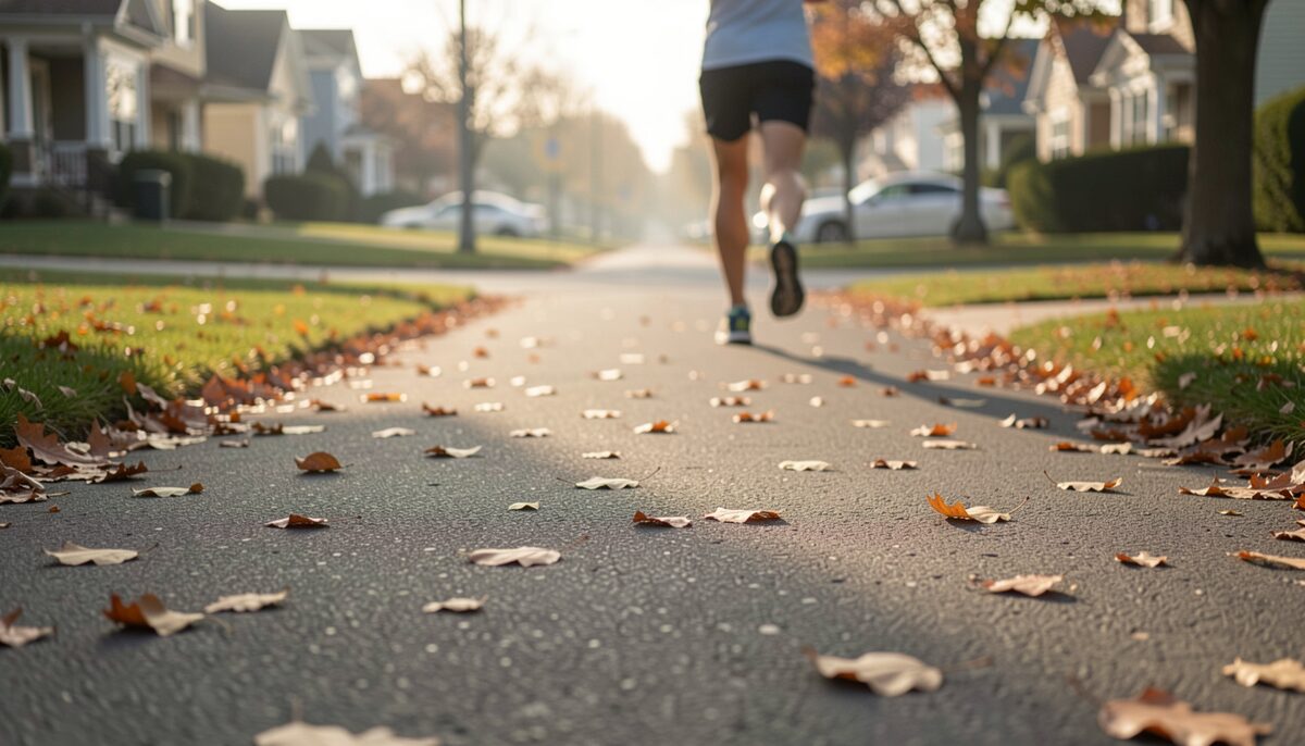 Residential pavement at dawn with fallen leaves and the blurred legs of a runner passing by