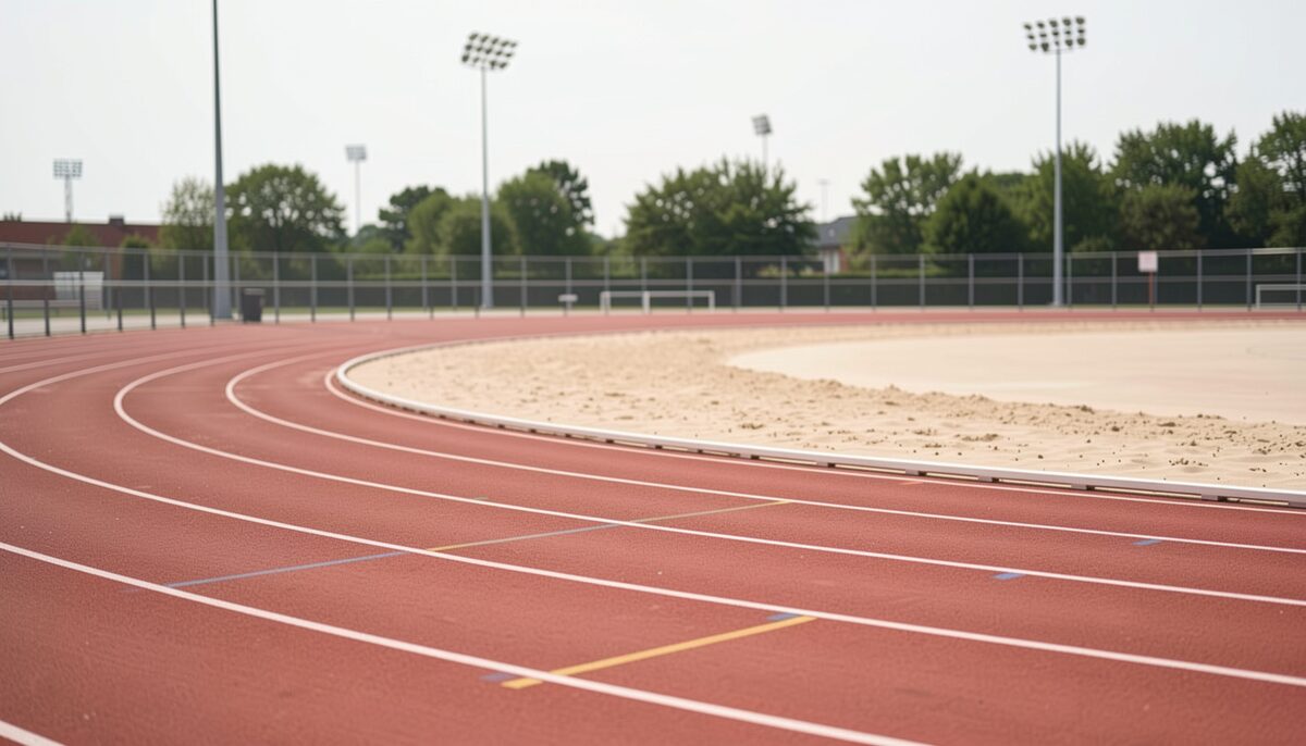 Empty red running track lanes curving towards a sand long jump pit under a bright overcast sky