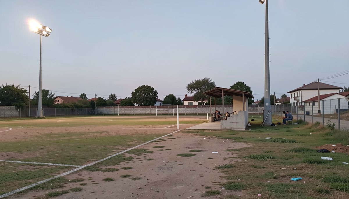 Small town sports ground at dusk with floodlights on over an empty grass pitch and a touchline rail in the foreground